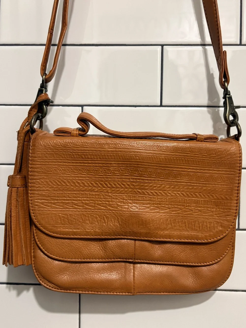 Anthropologie Day & Mood Tooled Tan Leather Crossbody Bag Purse - Picture 4 of 8